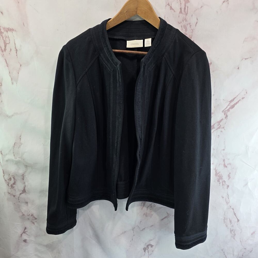 Chicos Jacket Womens Large 2 Black Open Front Stretch Velvet Trim Blazer